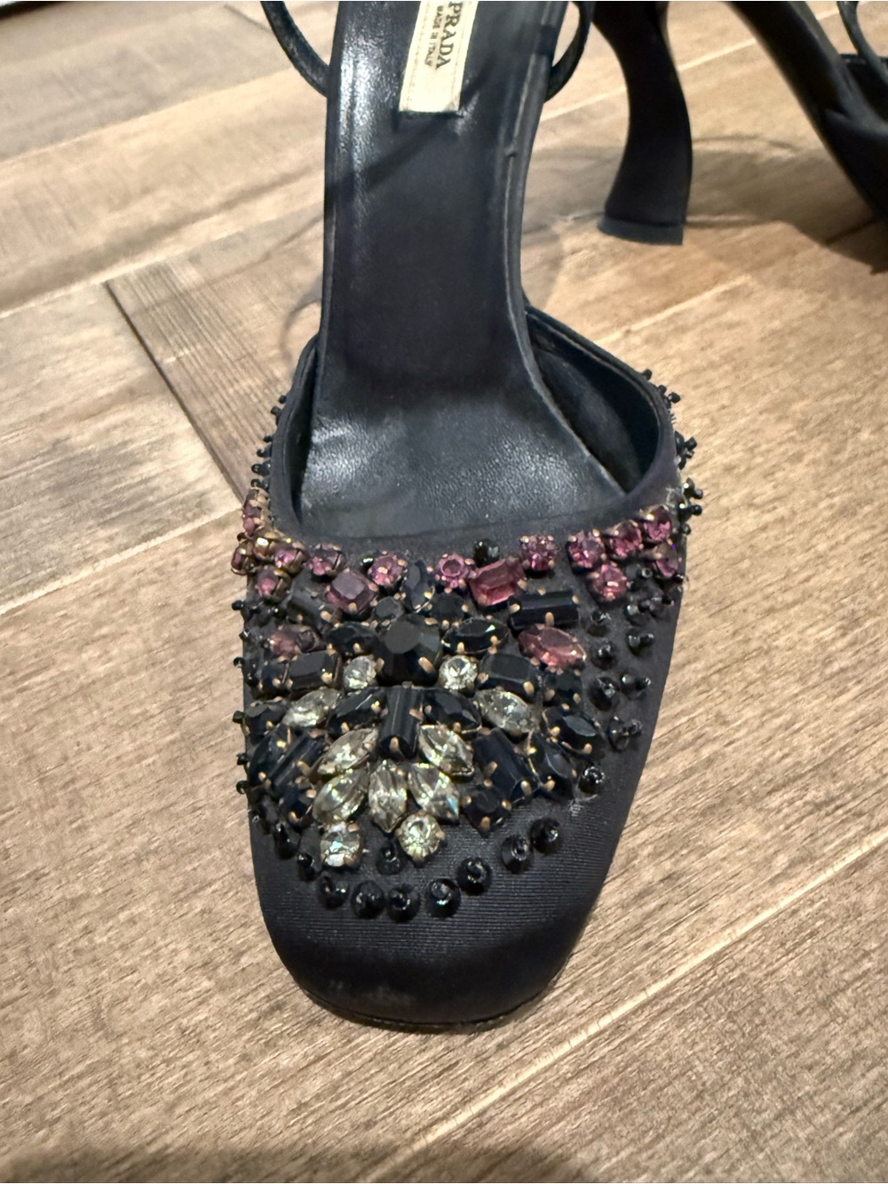 Prada Black Satin Jeweled Ankle-Strap Pumps with Pink and Clear Accents - Picture 3 of 4